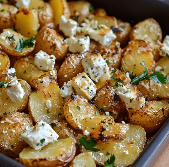 Gebratene Kartoffeln mit gebackenem Feta und Knoblauch – Das ultimative Ofengericht 9 Gebratene Kartoffeln mit gebackenem Feta und Knoblauch auf einem Backblech