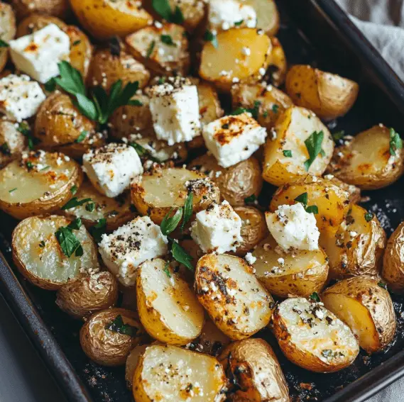 Gebratene Kartoffeln mit gebackenem Feta und Knoblauch – Das ultimative Ofengericht 6 Halbierte Kartoffeln mit gebackenem Feta und frischen Kräutern aus dem Ofen