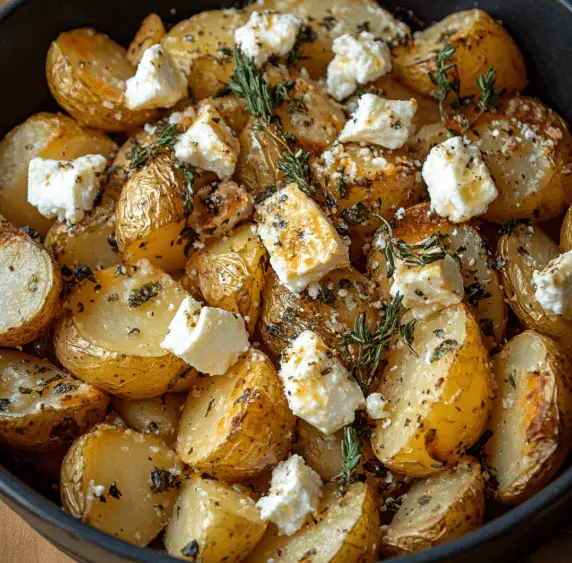 Gebratene Kartoffeln mit gebackenem Feta und Knoblauch – Das ultimative Ofengericht 7 Gebackene Kartoffeln mit Feta, Thymian und Knoblauch in einer Schüssel angerichtet