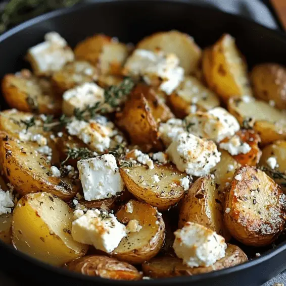 Gebratene Kartoffeln mit gebackenem Feta und Knoblauch – Das ultimative Ofengericht 8 Knusprige Ofenkartoffeln mit Feta und Knoblauch, garniert mit frischem Thymian