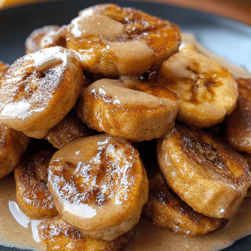 In Zimt und Gebratene Zimtbananen mit einer sahnigen Soße, serviert auf einem dunklen Teller