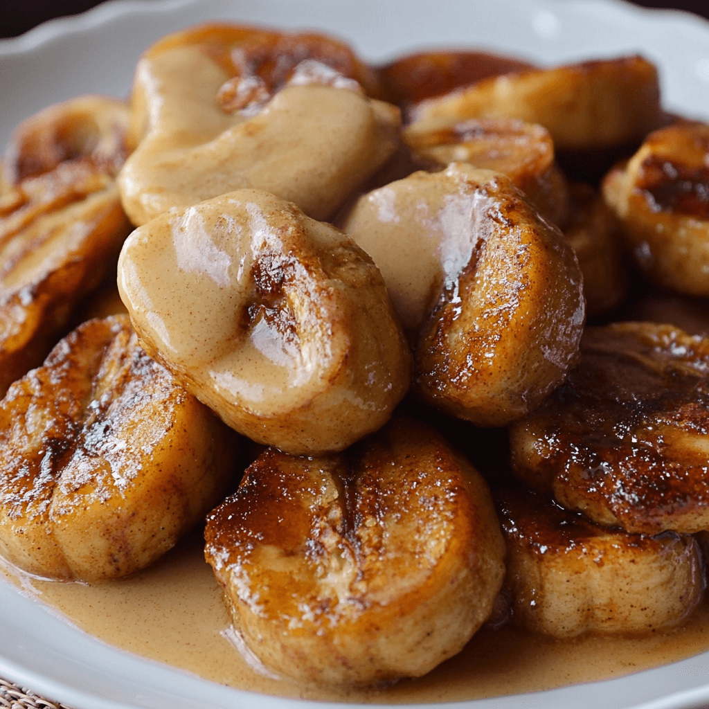 Gebratene Zimtbananen – Einfach, modern & unwiderstehlich 7 Saftige, in Zimt gebratene Bananenscheiben mit süßer Sauce auf weißem Porzellanteller