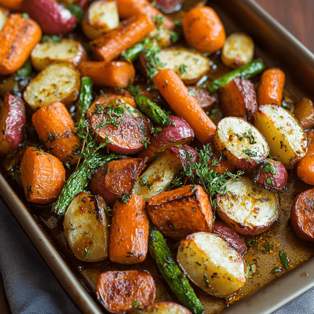 Geröstetes Gemüse mit Knoblauch und Kräutern 6 Ofengeröstete Karotten, rote Kartoffeln und Spargel mit frischem Thymian