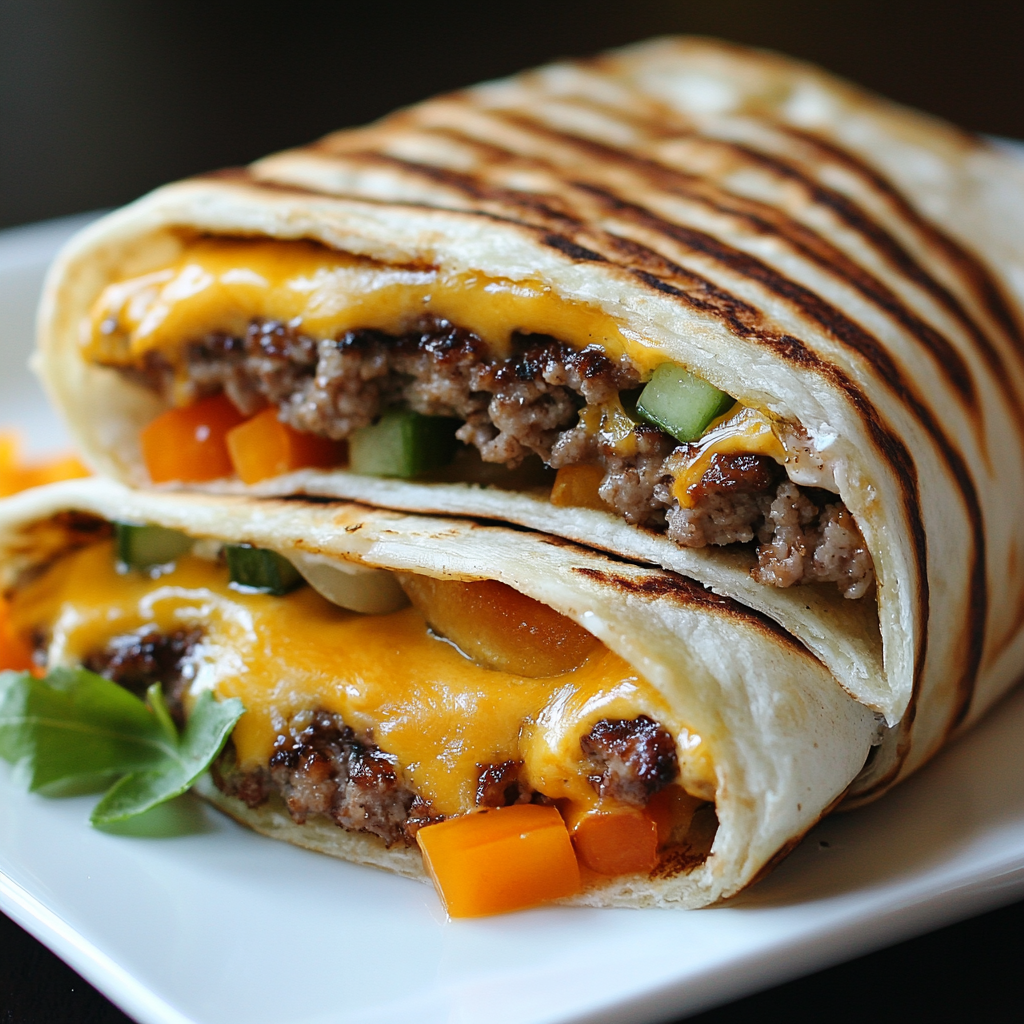 Gegrillte Cheeseburger Wraps – Das Beste Rezept für deinen Grillabend 7 Cheeseburger Wrap mit Paprika, Gurken und geschmolzenem Käse vom Grill