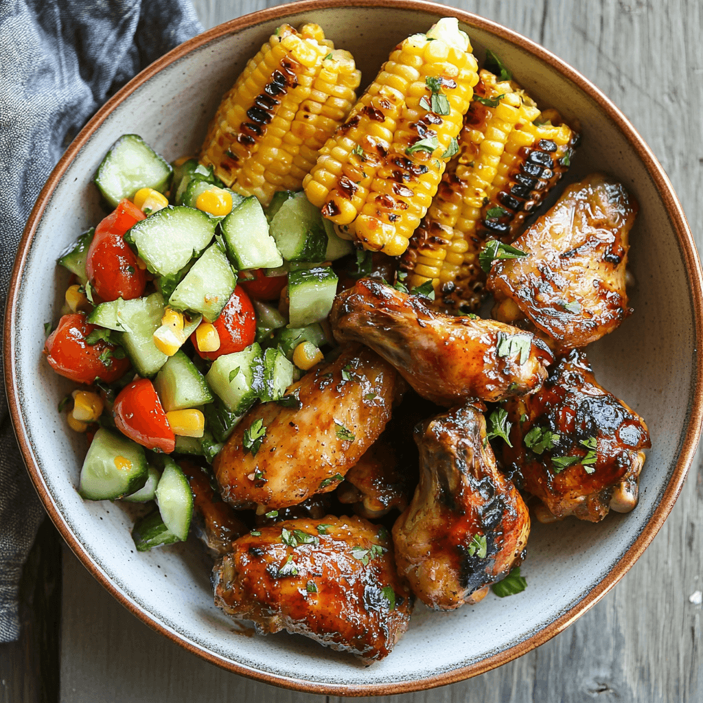 Hähnchenflügel mit Honig-Knoblauch, gegrilltem Mais und Gurken-Tomaten-Feta-Salat 6 Gegrillte Maiskolben mit Honig-Knoblauch-Hähnchenflügeln und Gurken-Tomaten-Salat