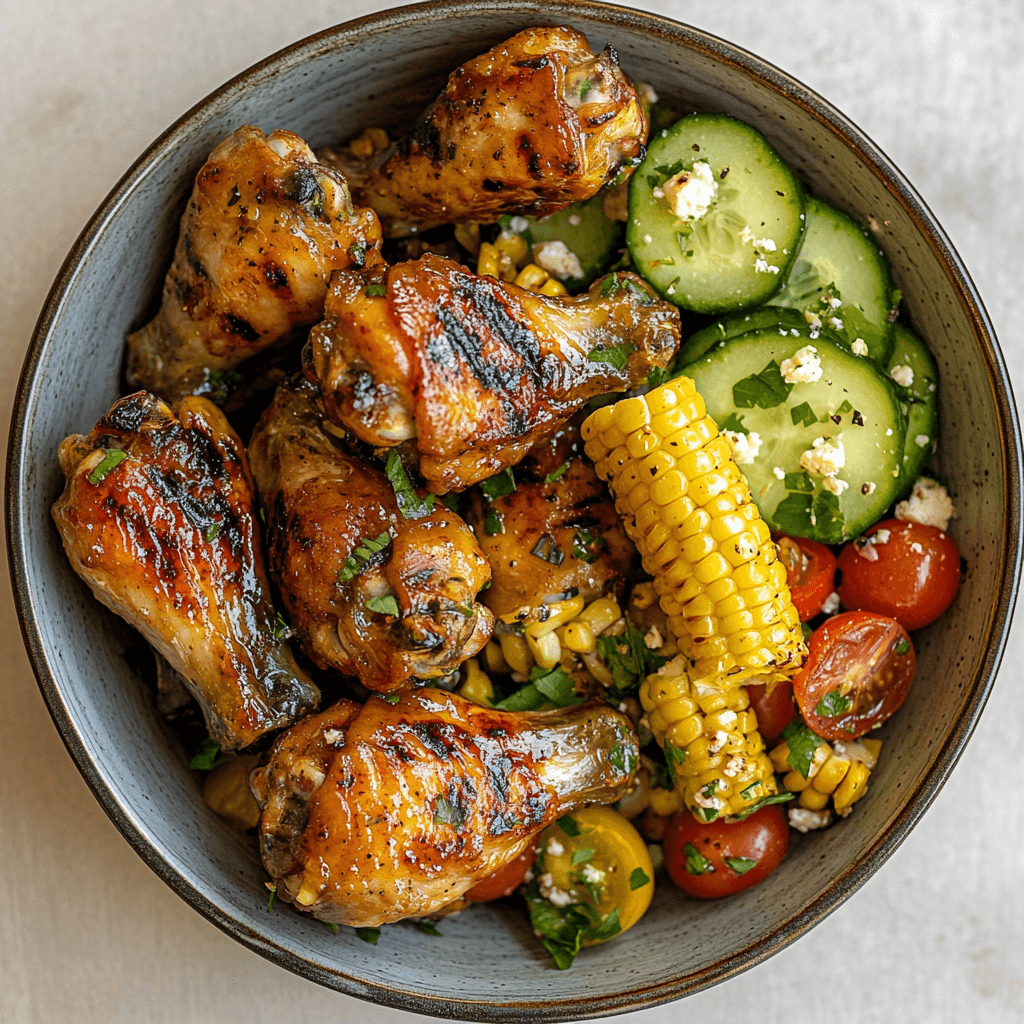 Honey-Garlic Chicken Wings mit Grillmais, Gurken und Kirschtomaten in einer Servierschüssel