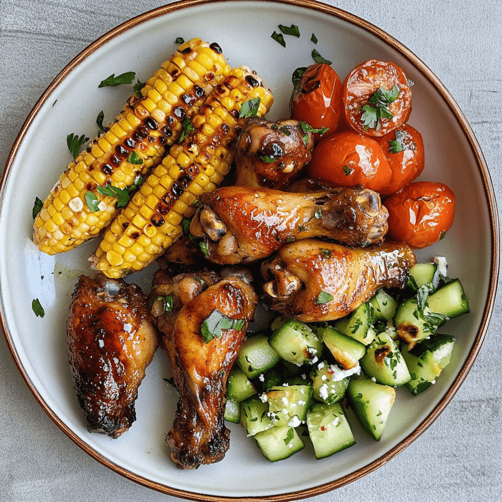 Hähnchenflügel mit Honig-Knoblauch, gegrilltem Mais und Gurken-Tomaten-Feta-Salat 7 Honig-Knoblauch-Wings mit Grilltomaten, Mais und Gurken-Feta-Salat auf einem Teller
