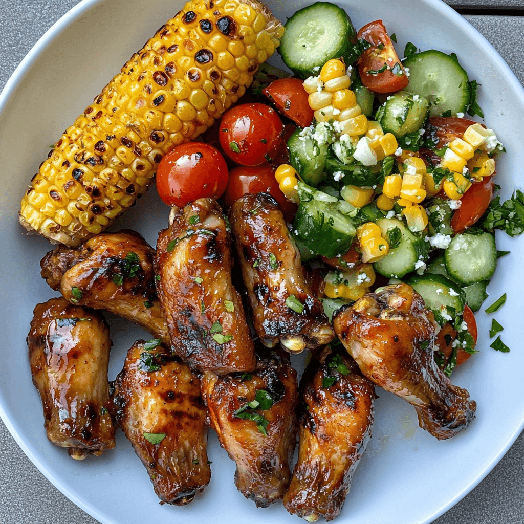 Hähnchenflügel mit Honig-Knoblauch, gegrilltem Mais und Gurken-Tomaten-Feta-Salat 8 Honey-Garlic Chicken Wings mit gegrilltem Mais und Gurken-Tomaten-Mais-Feta-Salat auf weißem Teller