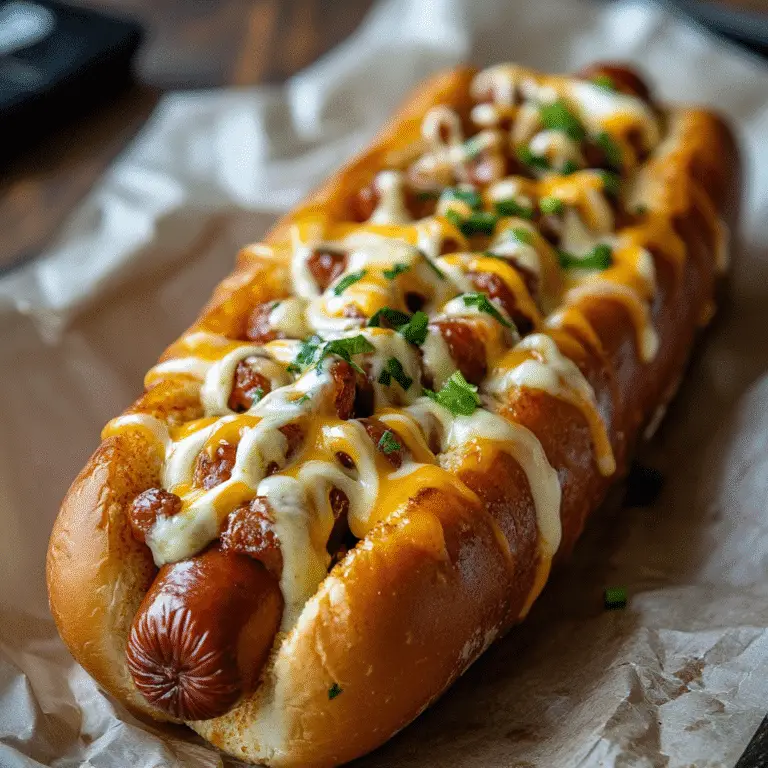 Gourmet Hot Dog mit geschmolzenem Käse und Senf auf weichem Brötchen