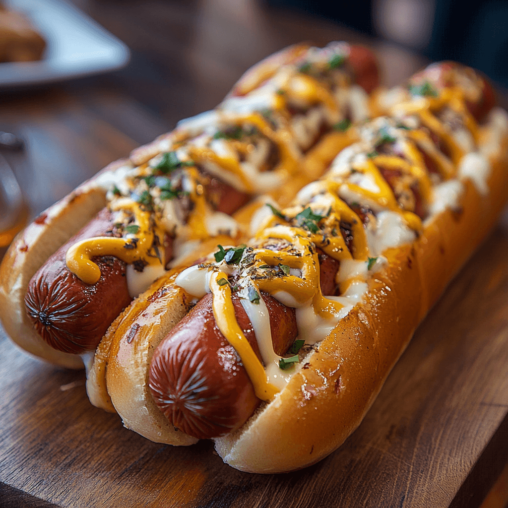 Hot-Dog-Idee – Die besten kreativen Rezepte & Tipps für perfekten Genuss 5 Hot-Dog-Idee mit Cheddar, Mayonnaise und Jalapeños auf Holzplatte serviert