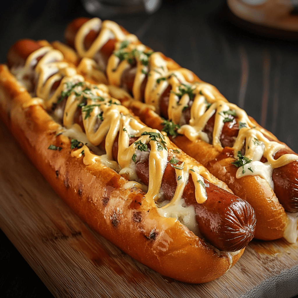 Hot-Dog-Idee – Die besten kreativen Rezepte & Tipps für perfekten Genuss 6 Hot-Dog-Idee mit Cheddar, Mayonnaise und Jalapeños auf Holzplatte serviert