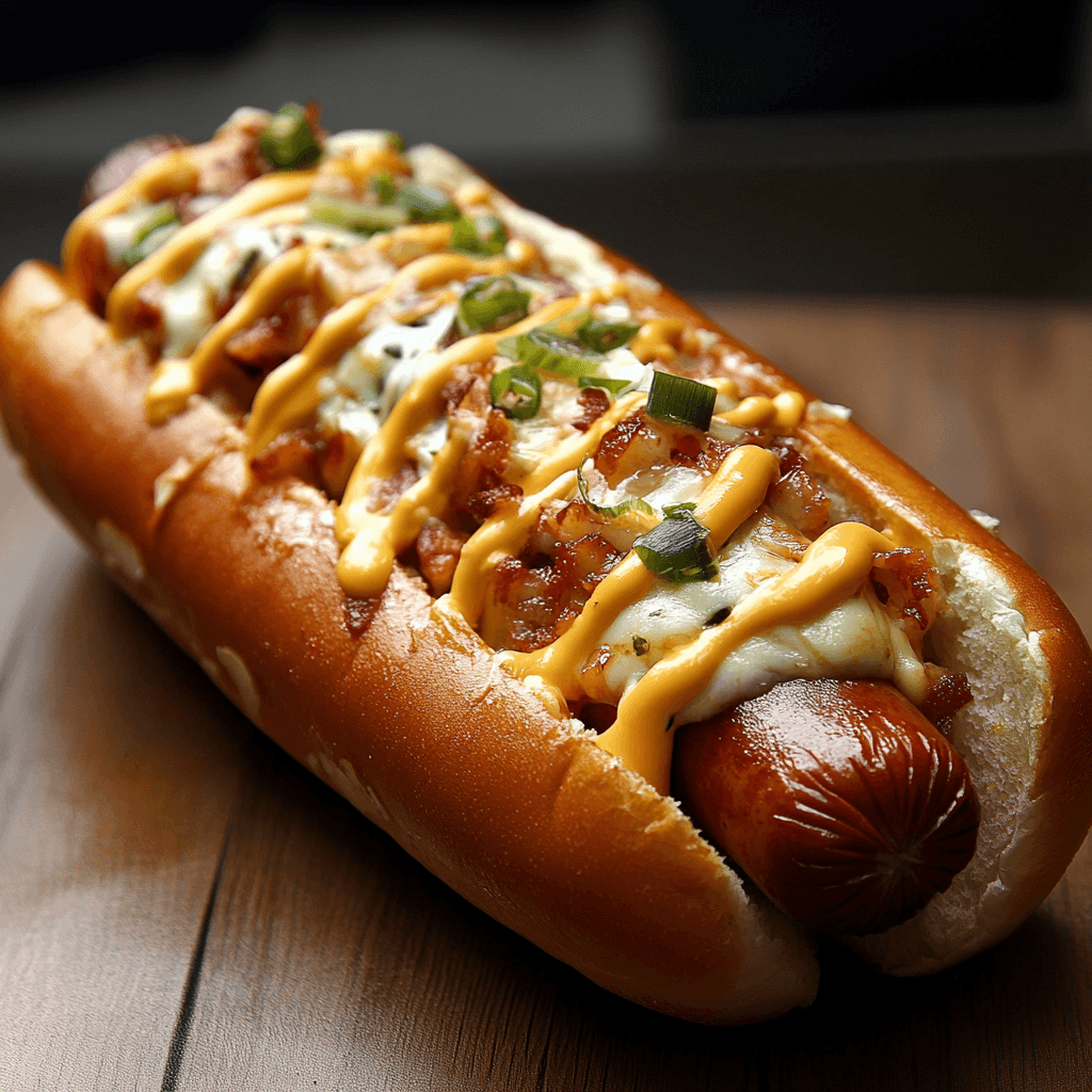 Hot-Dog-Idee – Die besten kreativen Rezepte & Tipps für perfekten Genuss 7 Hot Dog mit Bacon, Frühlingszwiebeln und geschmolzenem Käse als kreative Idee