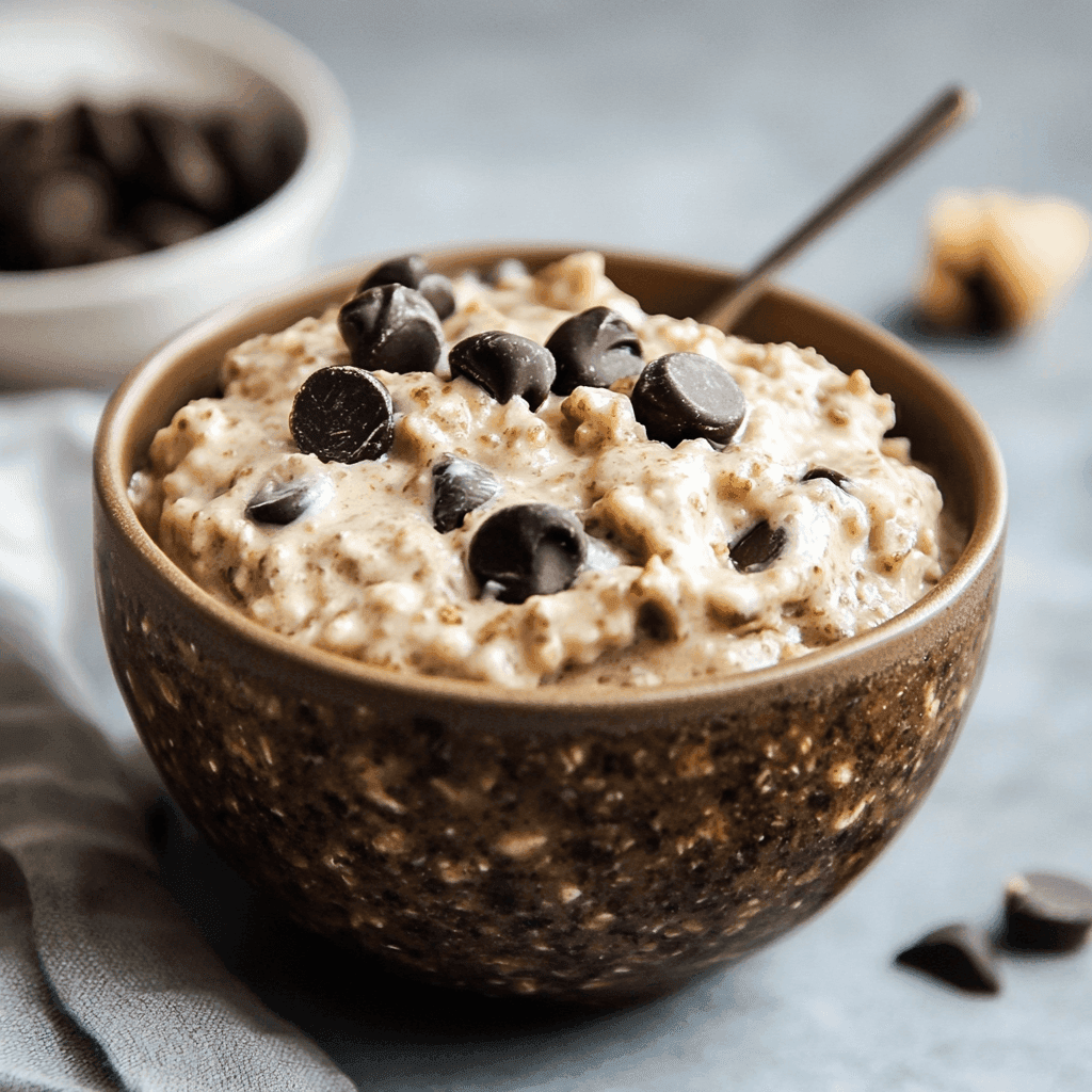 Cremiger essbarer Keksteig mit Haferflocken und dunklen Schokostückchen in einer braunen Schale