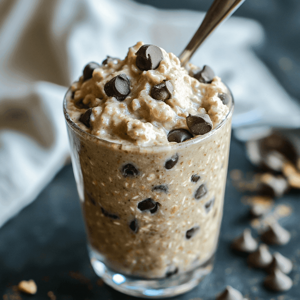 Keksteig Haferflocken – Der unwiderstehliche Cookie Dough zum Naschen & Backen 8 Nahaufnahme eines Glases mit cremigem Keksteig aus Haferflocken und dunkler Schokolade auf schwarzem Hintergrund