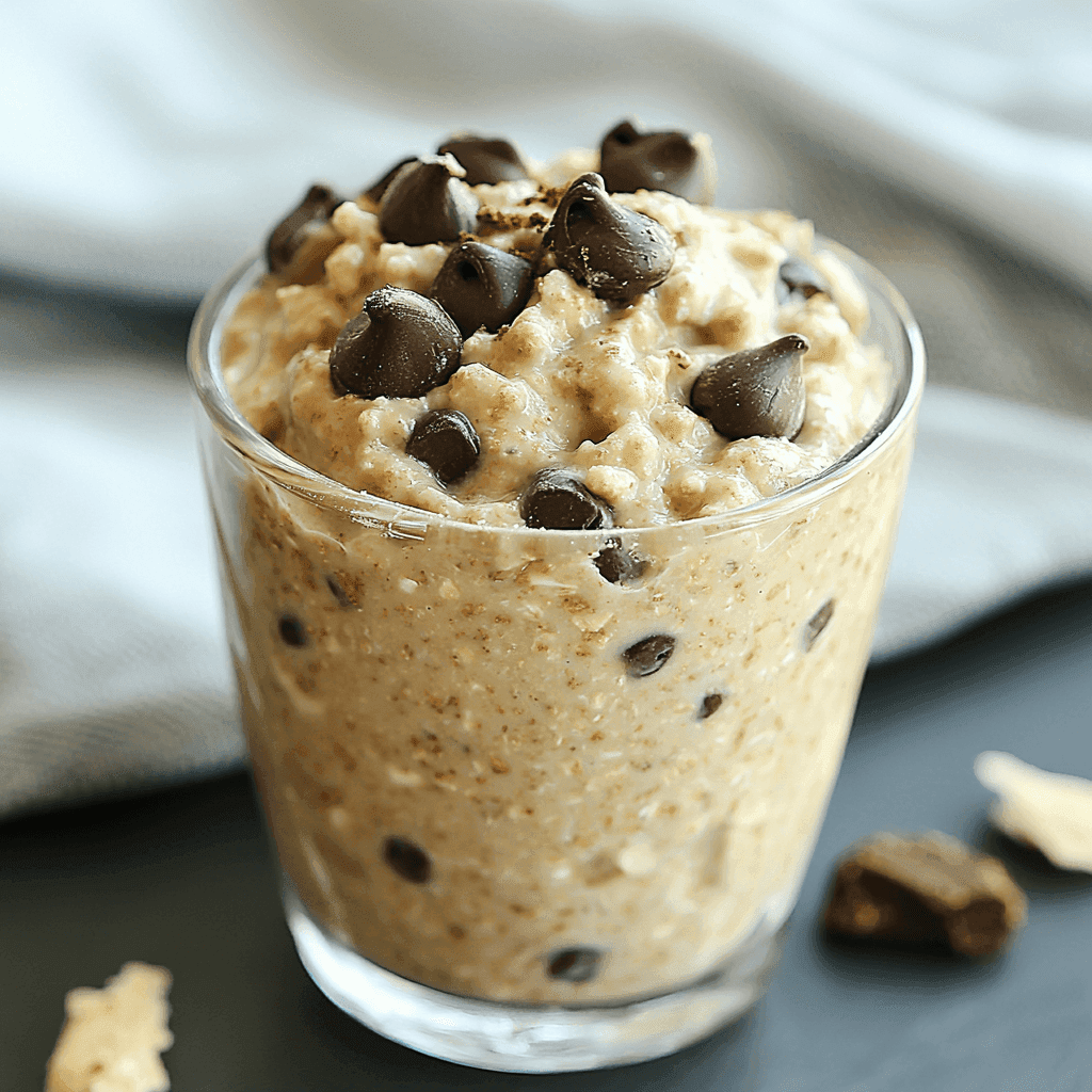 Keksteig Haferflocken – Der unwiderstehliche Cookie Dough zum Naschen & Backen 7 Glas gefüllt mit essbarem Haferflocken-Keksteig und Schokostückchen, Löffel steckt darin