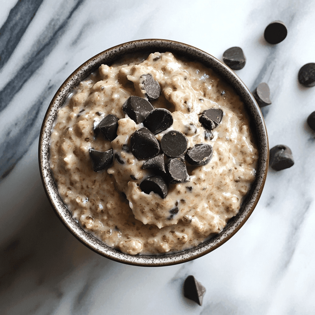 Keksteig Haferflocken – Der unwiderstehliche Cookie Dough zum Naschen & Backen 6 Obere Ansicht von Haferflocken-Cookie-Dough mit vielen Schokotropfen in einer braunen Schüssel auf Marmorplatte