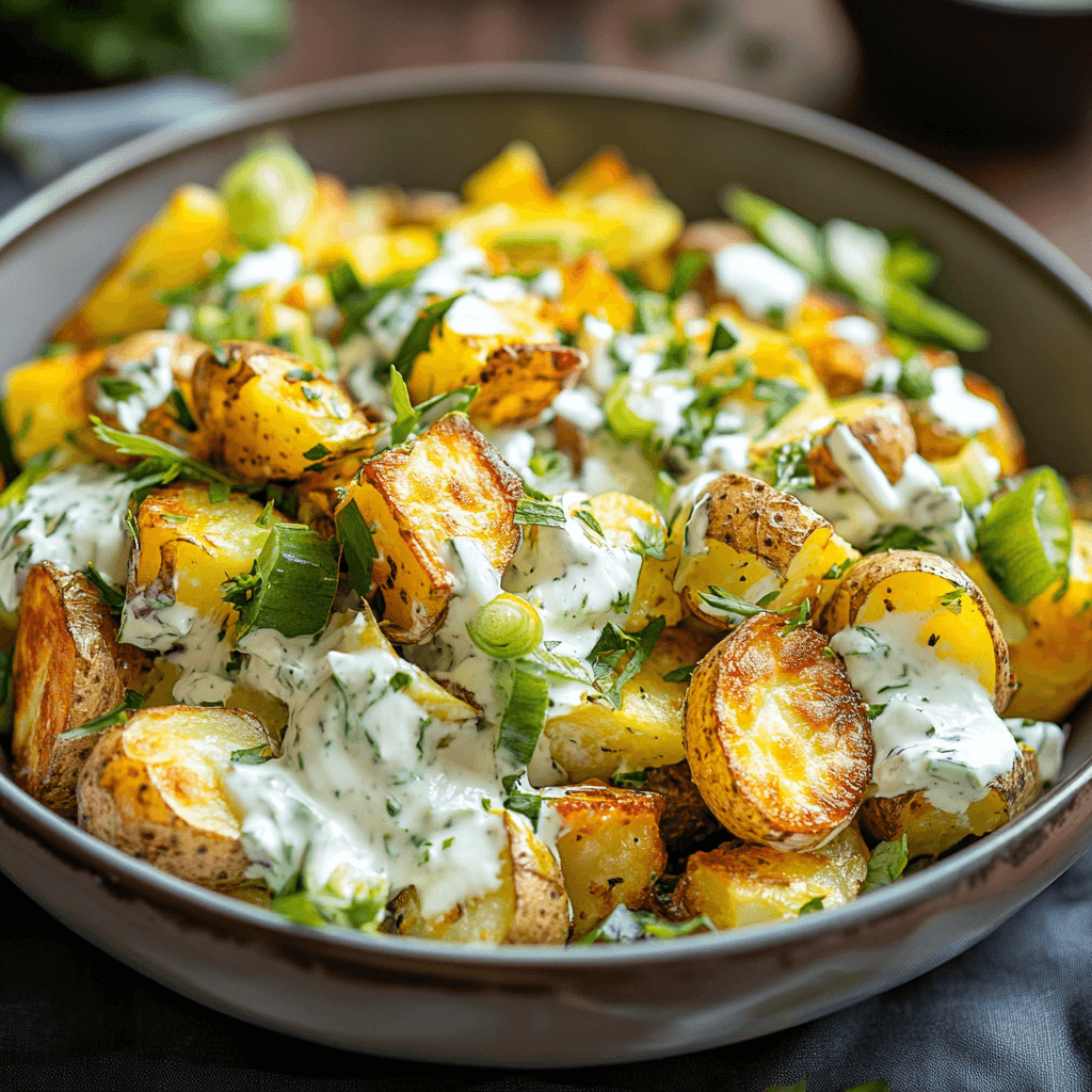Knuspriger Kartoffelsalat – Das ultimative Rezept für Geschmack und Textur 7 Ofengerösteter Kartoffelsalat mit Frühlingszwiebeln und Joghurt