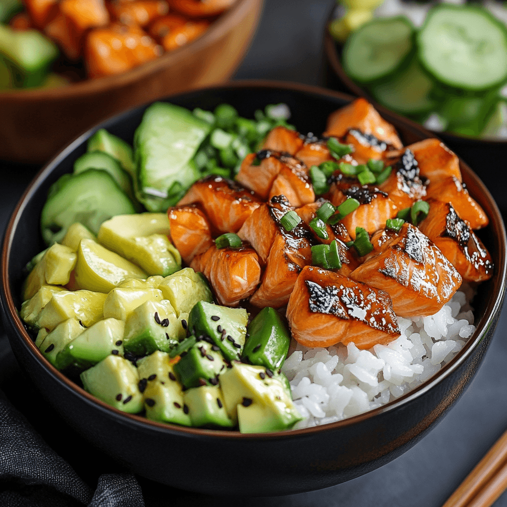 Lachs Reis Schale mit gegrilltem Lachs, Avocado, Gurke und Ananas