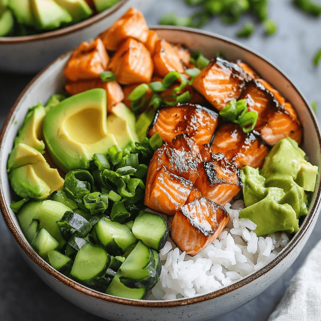 Lachs Reis Schalen – Das ultimative Gericht für gesunden Genuss 6 Frische Lachs Bowl mit Avocado, Gurke und Frühlingszwiebeln
