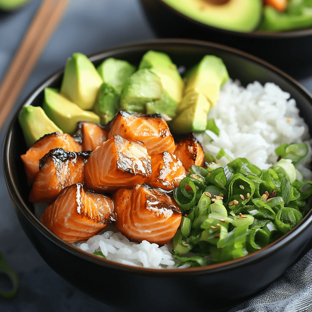 Lachs Reis Schalen – Das ultimative Gericht für gesunden Genuss 7 Lachs Reis Schale mit gegrilltem Lachs, Frühlingszwiebeln und Avocado