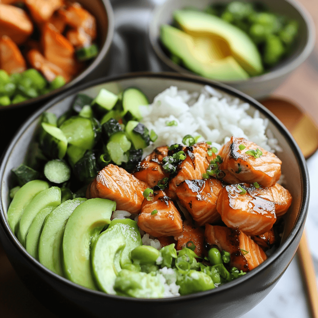 Lachs Reis Schalen – Das ultimative Gericht für gesunden Genuss 8 Proteinreiche Lachs Bowl mit Avocado, Gurke und Edamame