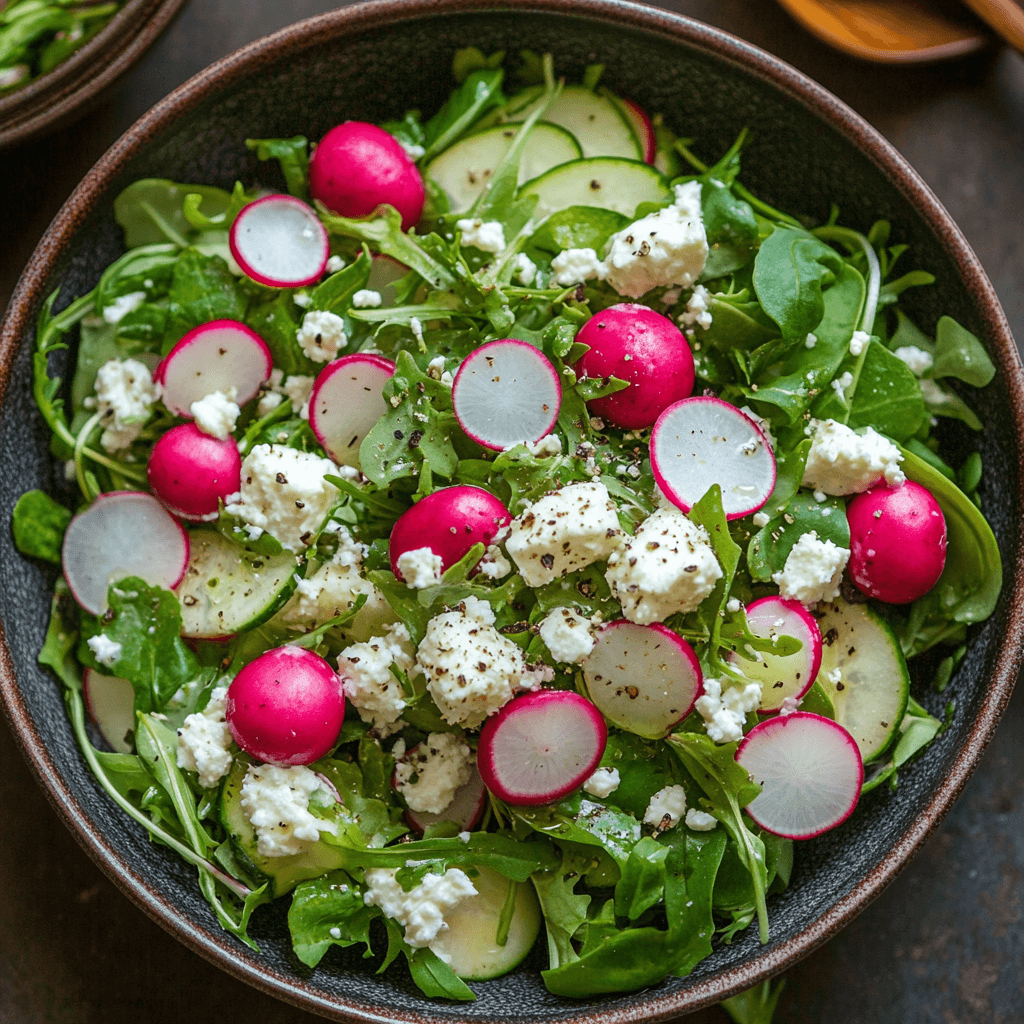Frühlingssalat mit Radieschen, Gurke, Rucola und Feta in einer dunklen Schüssel