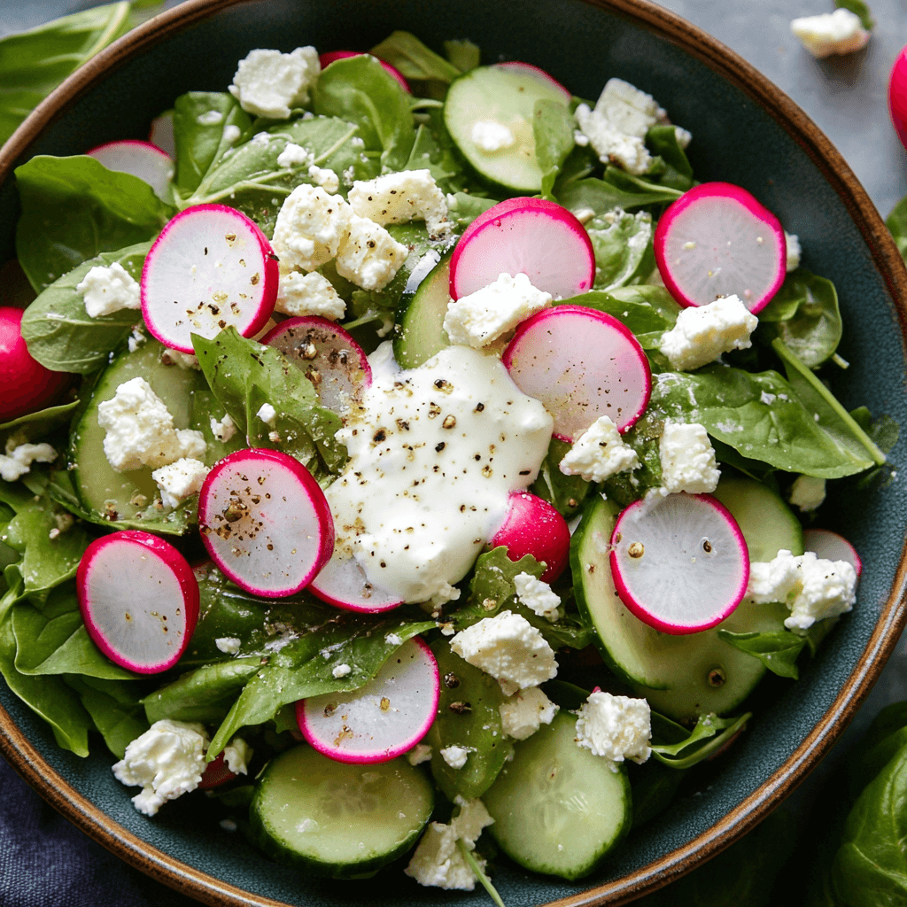Leichter Frühlingssalat mit Radieschen & Joghurt-Dressing – Frisch, Gesund & Schnell Zubereitet 6 Bunter Radieschen-Gurkensalat mit cremigem Joghurt-Dressing und Feta