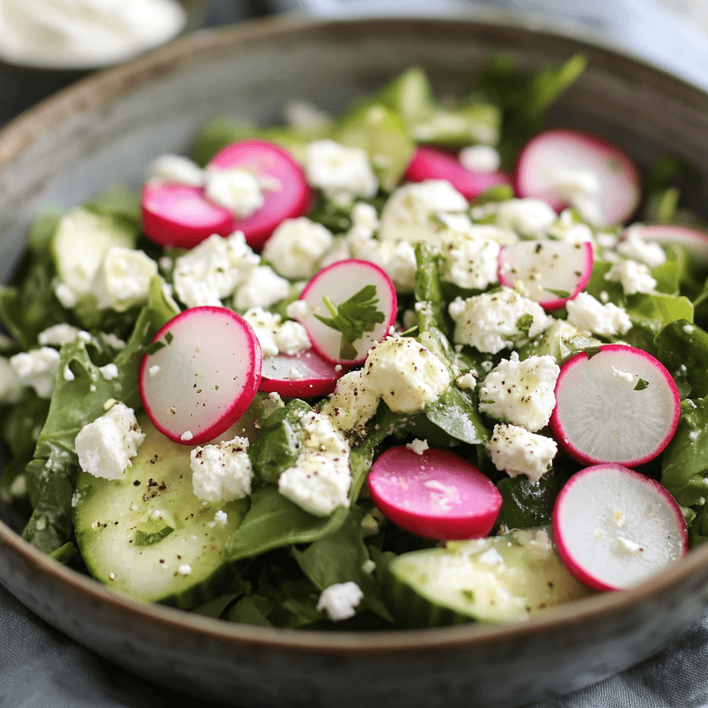 Leichter Frühlingssalat mit Radieschen & Joghurt-Dressing – Frisch, Gesund & Schnell Zubereitet 7 Radieschen-Gurkensalat mit Feta und Kräutern in einer rustikalen Schale