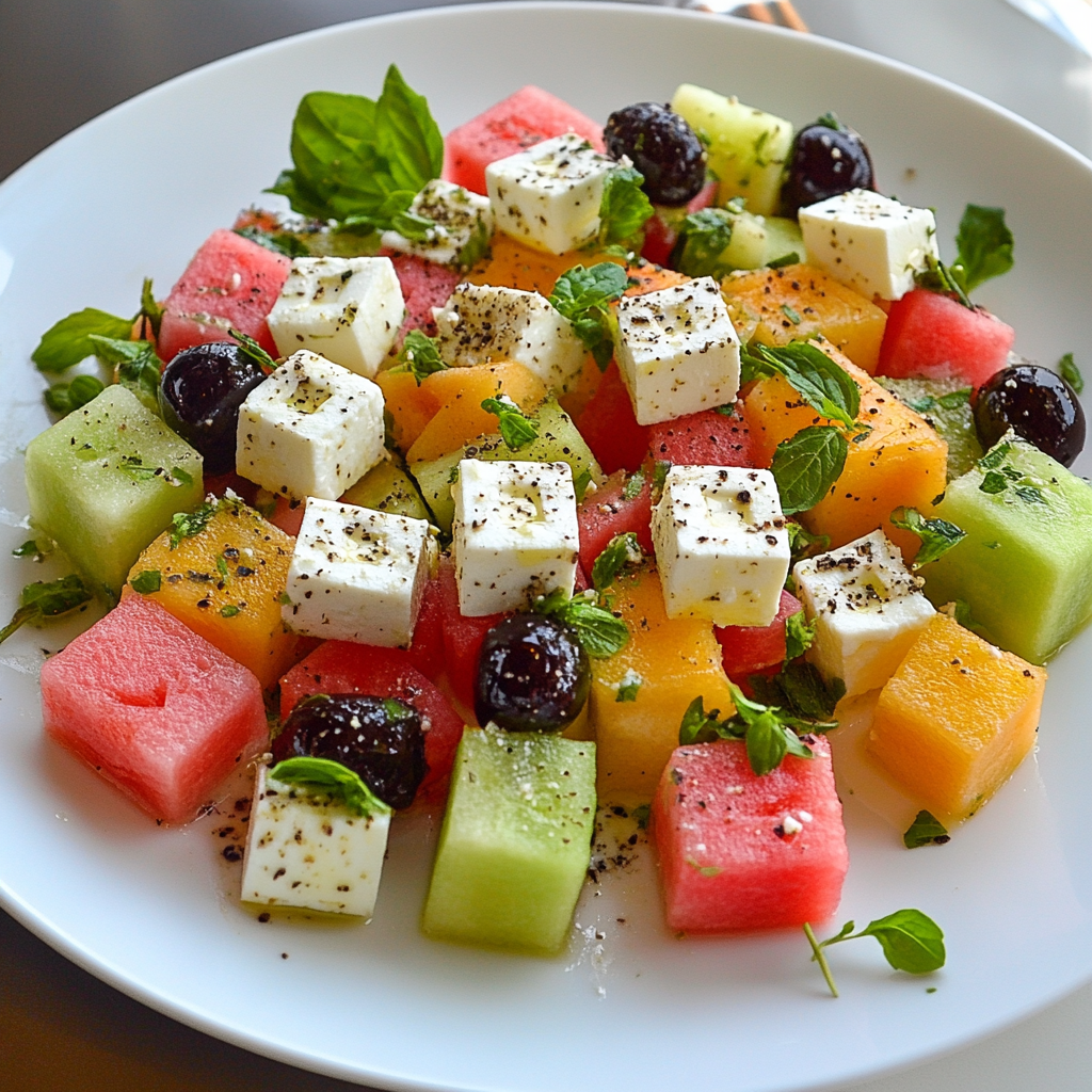 Bunter Sommersalat mit Melonenwürfeln, Feta, Oliven und Minzblättern auf weißem Teller