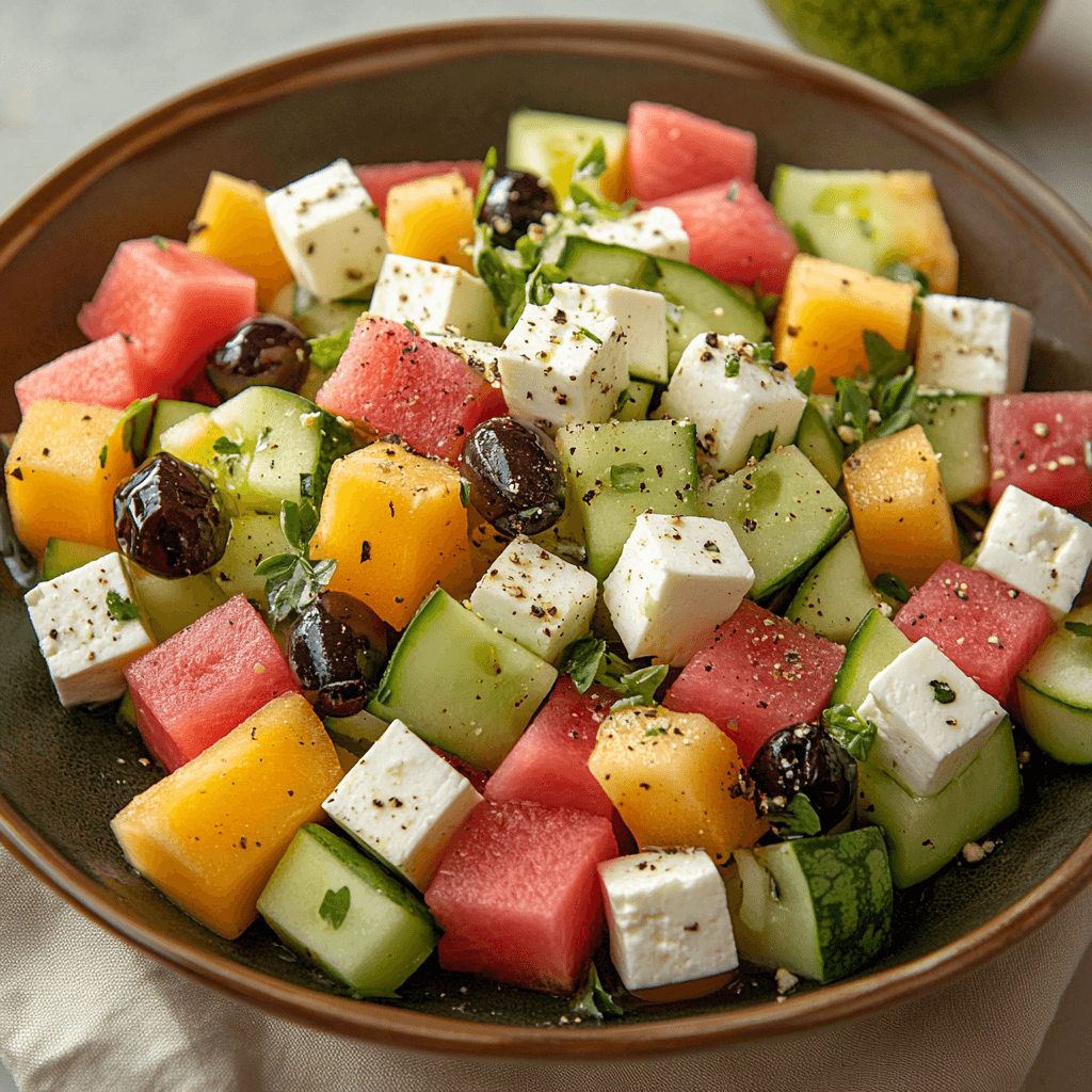 Melone und Feta Tetris-Salat – Der erfrischend kreative Sommersalat 6 Melonen-Gurken-Feta-Salat mit schwarzen Oliven und frischen Kräutern in brauner Schüssel