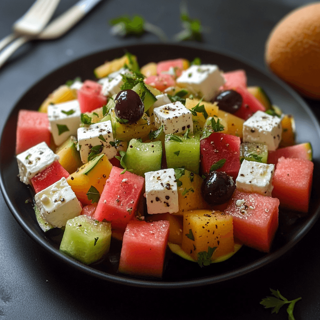 Melone und Feta Tetris-Salat – Der erfrischend kreative Sommersalat 7 Würfel aus Melonen, Feta und Oliven, angerichtet auf schwarzem Teller mit frischen Kräutern