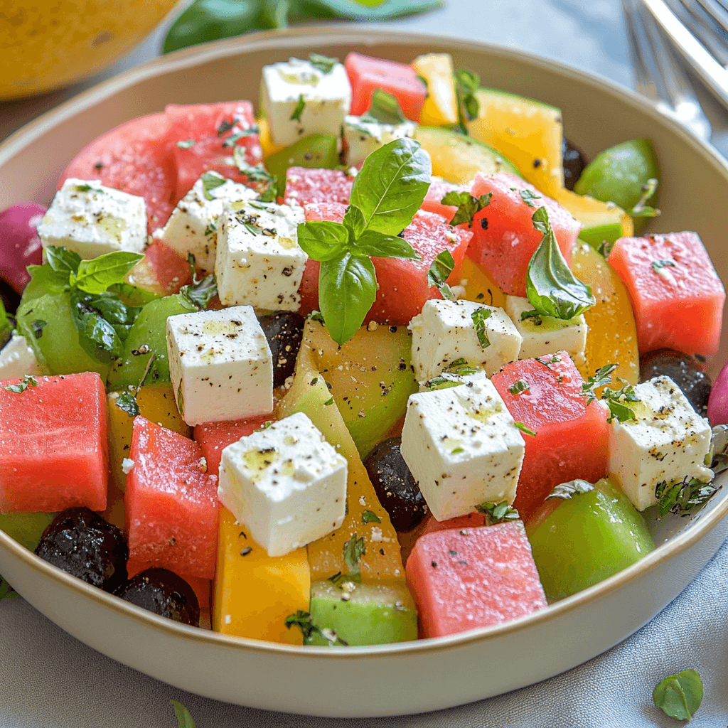 Melone und Feta Tetris-Salat – Der erfrischend kreative Sommersalat 8 Melonen-Feta-Salat mit Basilikumblättern, schwarzen Oliven und bunten Melonenwürfeln in heller Schüssel