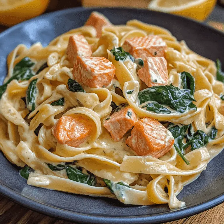 Nudeln in Lachs Sahne Soße mit Spinat 9 nudeln in lachs, frischem Spinat und cremiger Sahnesoße auf einem dunklen Teller