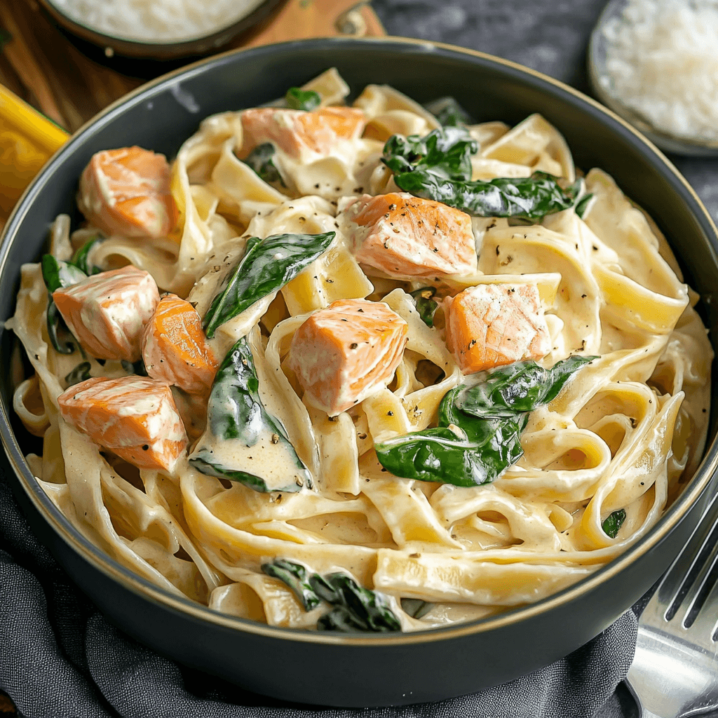 Nudeln in Lachs Sahne Soße mit Spinat 6 nudeln in lachs Breite Nudeln mit Stückchen von Lachsfilet und Spinat in Sahnesoße, serviert in einer dunklen Schüssel