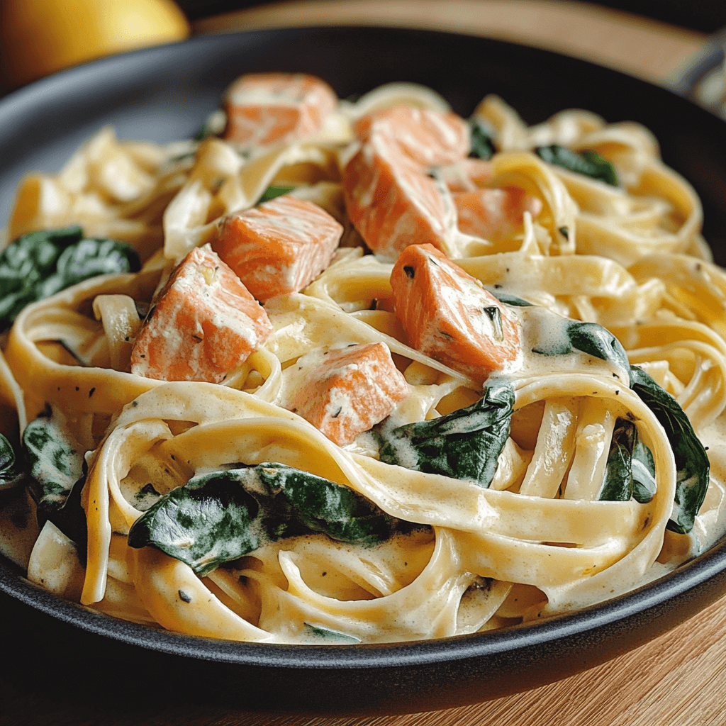 Nudeln in Lachs Sahne Soße mit Spinat 7 Pasta mit cremiger Lachssoße, Stückchen Lachs und frischem Spinat auf einem Teller angerichtet