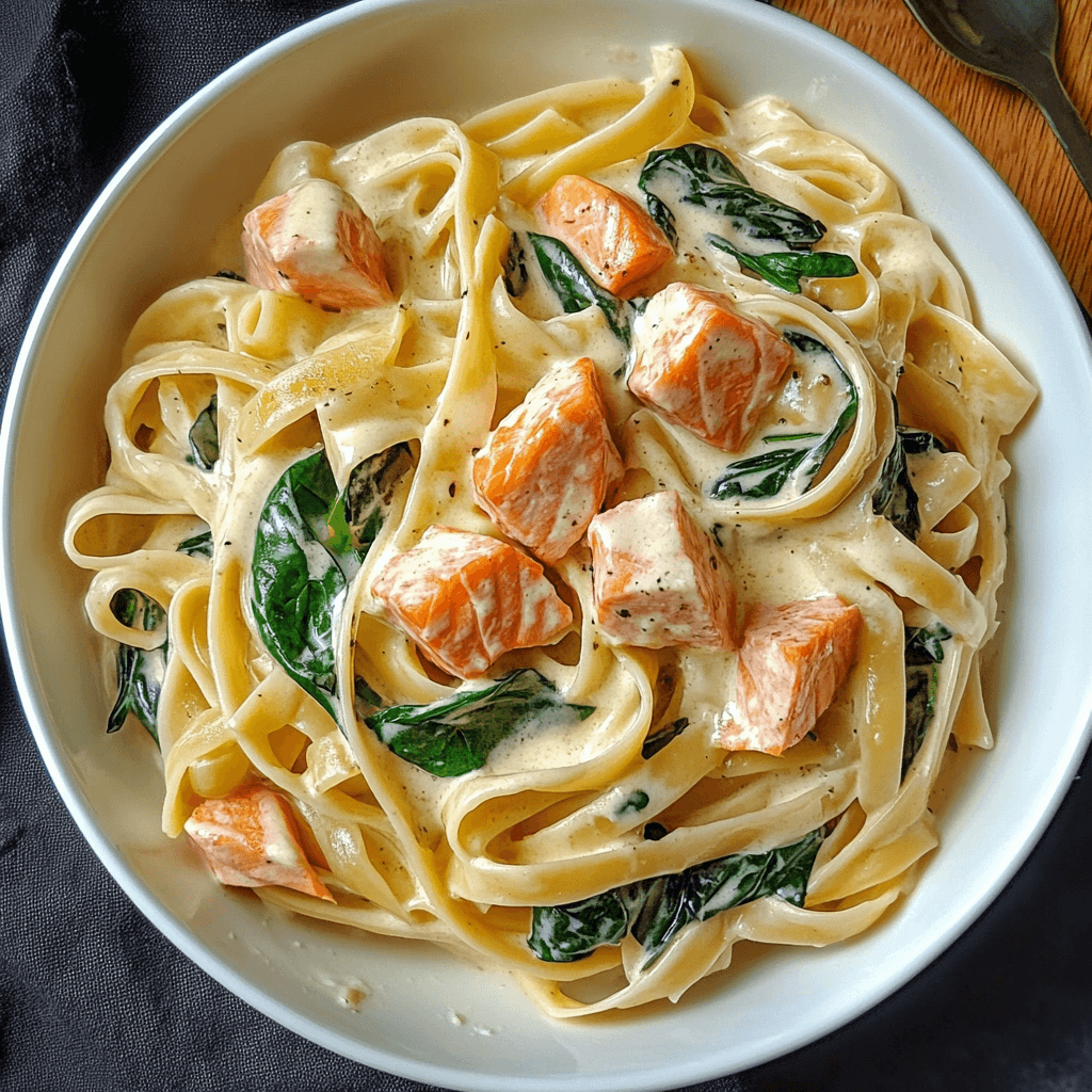 Nudeln in Lachs Sahne Soße mit Spinat 8 Pasta mit cremiger Lachs-Spinat-Sahnesoße, serviert in einer weißen Schale von oben fotografiert