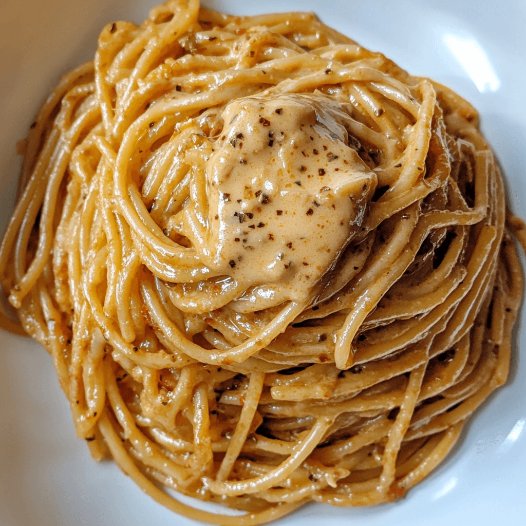 Nudeln mit Kirschtomaten: Das Beste Rezept für Sommergenuss 7 Spaghetti in cremiger Sauce mit Gewürzbutter, serviert auf weißem Teller