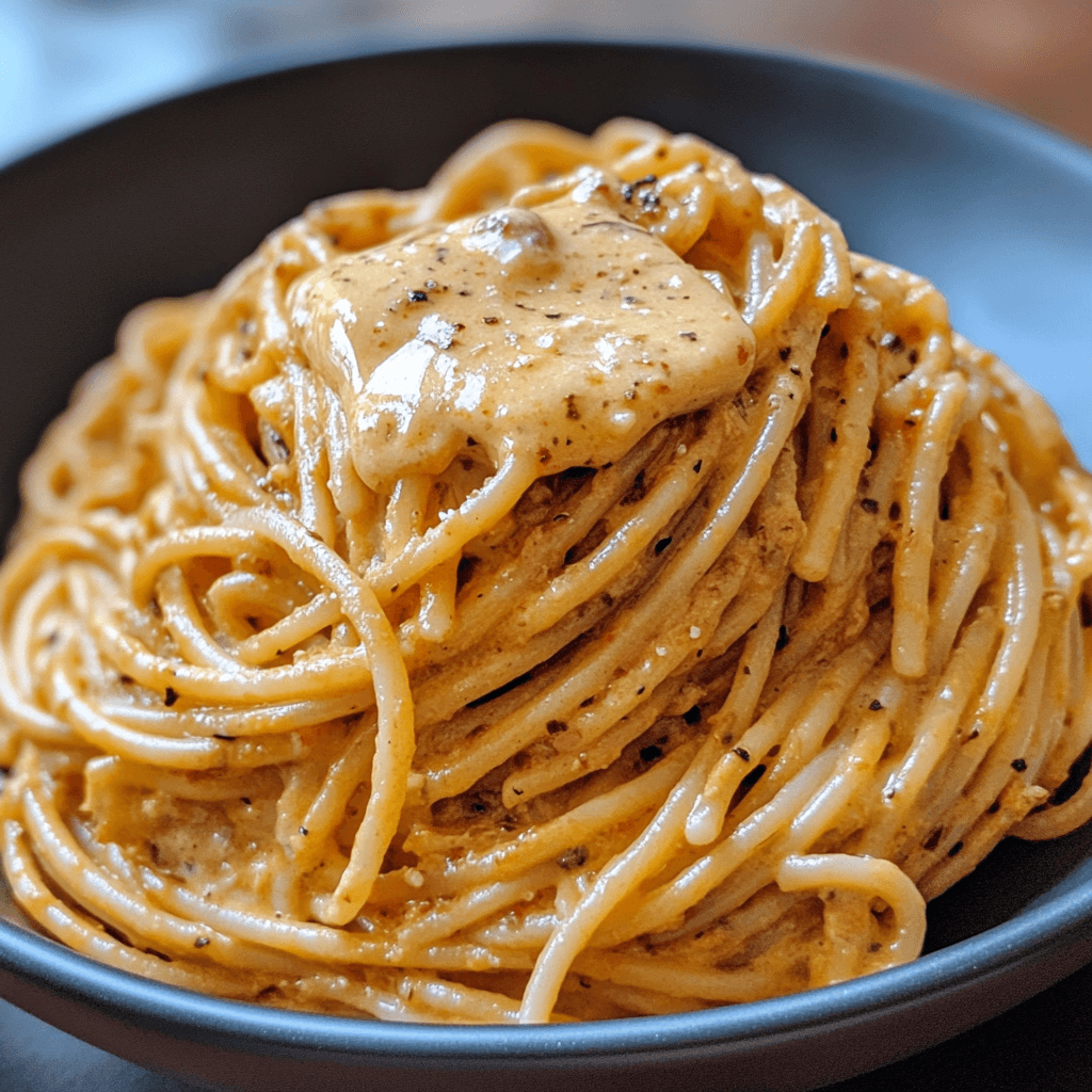 Nudeln mit Kirschtomaten: Das Beste Rezept für Sommergenuss 8 Realistisches Food-Foto einer cremigen Pasta mit aufgeschlagener Gewürzbutter und Tomatensauce – ideal als schnelles Komfortessen oder vegane Variante mit Butterersatz