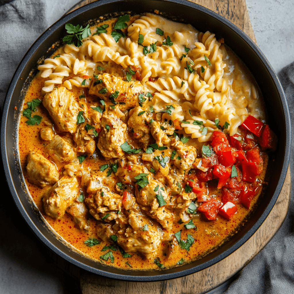 Paprika Sahne Hähnchen mit Nudeln und frischer Petersilie in cremiger Soße