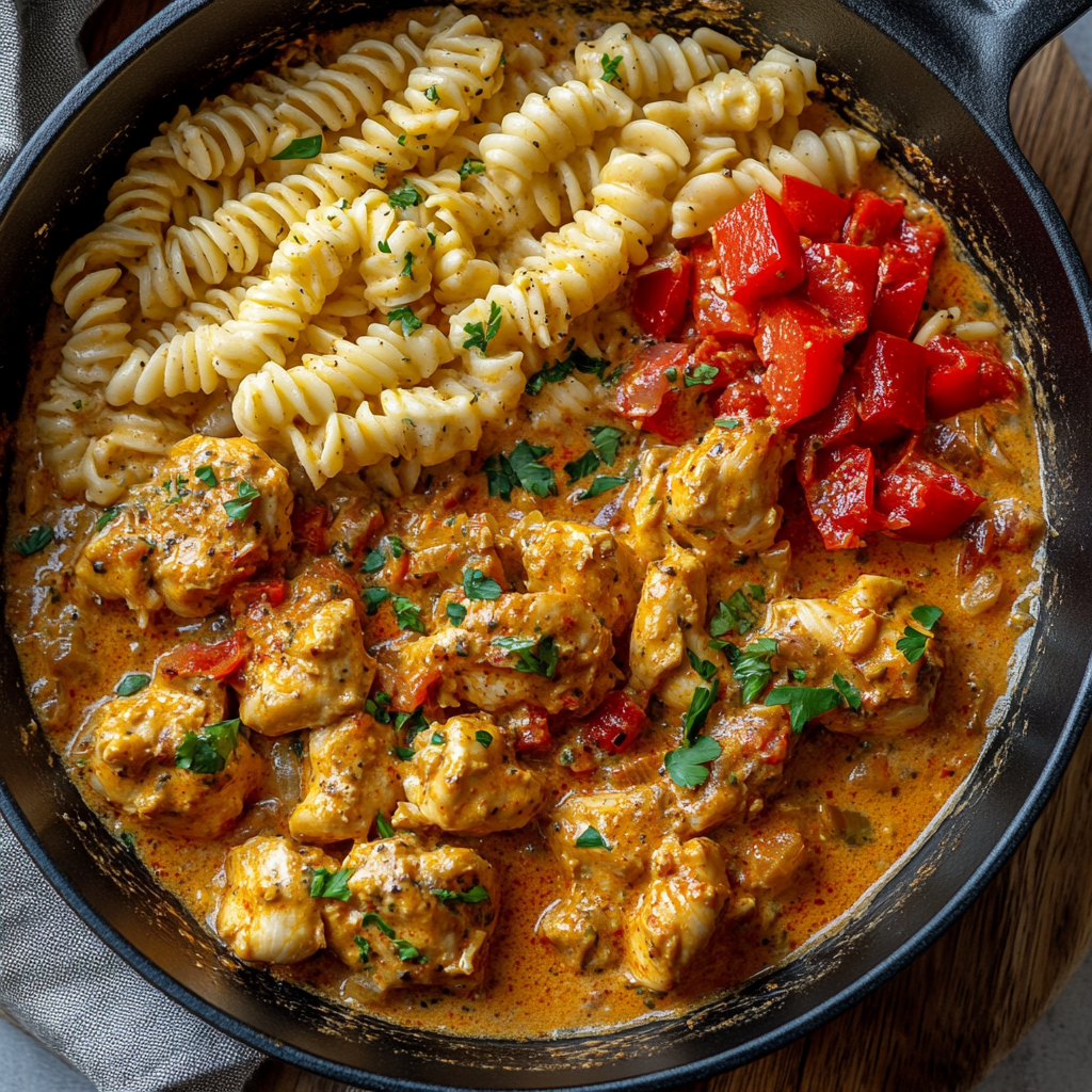 Paprika Sahne Hähnchen – Das beste Rezept für cremigen Genuss mit zarter Hähnchenbrust 6 Cremiges Paprika Sahne Hähnchen mit roter Paprika und Spiralnudeln serviert