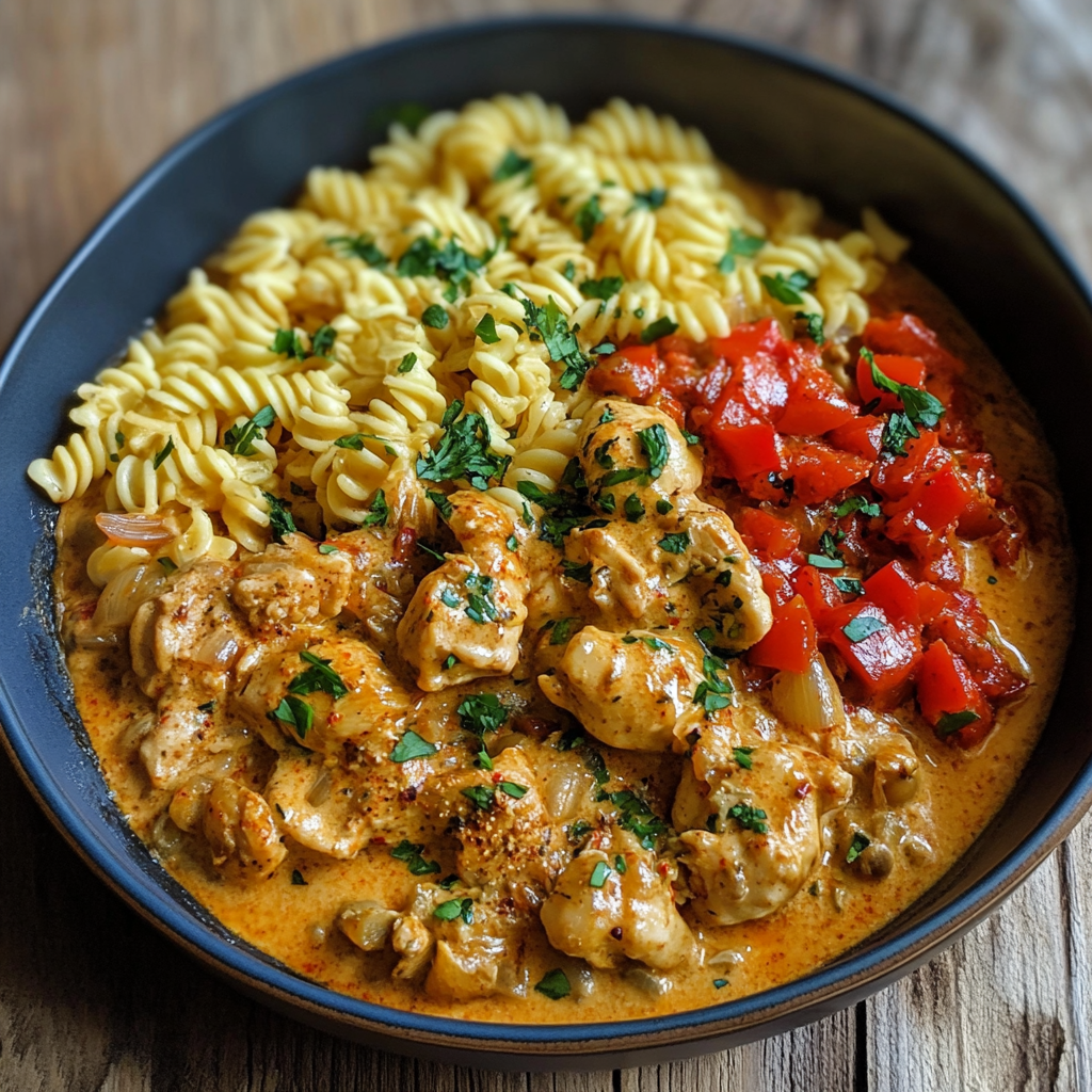 Paprika Sahne Hähnchen – Das beste Rezept für cremigen Genuss mit zarter Hähnchenbrust 7 Paprika Sahne Hähnchen angerichtet mit Fusilli, Paprika und frischen Kräutern