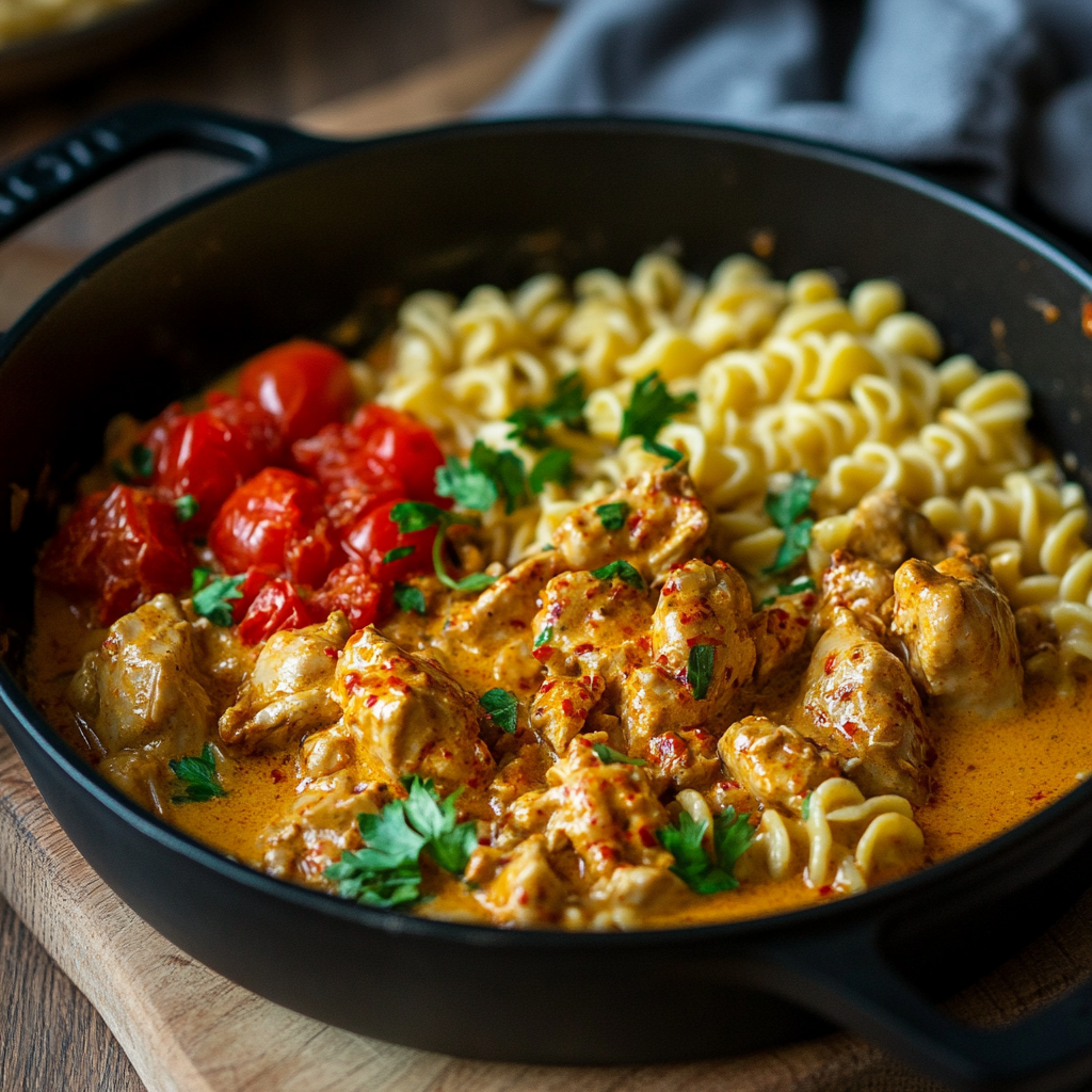 Paprika Sahne Hähnchen – Das beste Rezept für cremigen Genuss mit zarter Hähnchenbrust 8 Paprika Sahne Hähnchen mit gebratenen Tomaten und Spiralnudeln in Gusseisenpfanne