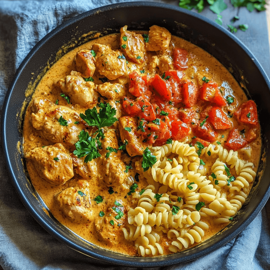 Paprika Sahne Hähnchen mit Spiralnudeln und frischer Petersilie in cremiger Soße