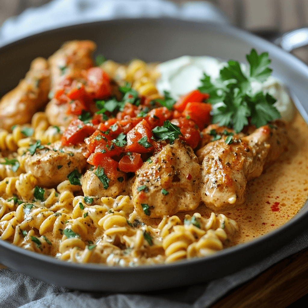 Paprika Sahne Hähnchen – Das beste Rezept mit cremiger Soße und zarter Hähnchenbrust 6 Zartes Hähnchen in Paprikasahne mit Tomatenwürfeln und Sahnehaube auf Pasta