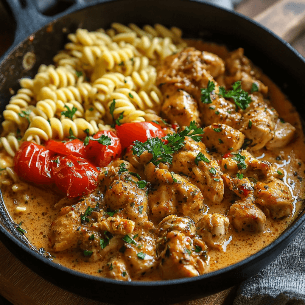 Paprika Sahne Hähnchen – Das beste Rezept mit cremiger Soße und zarter Hähnchenbrust 7 Saftiges Paprika Sahne Hähnchen mit gerösteten Tomaten und Spiralnudeln
