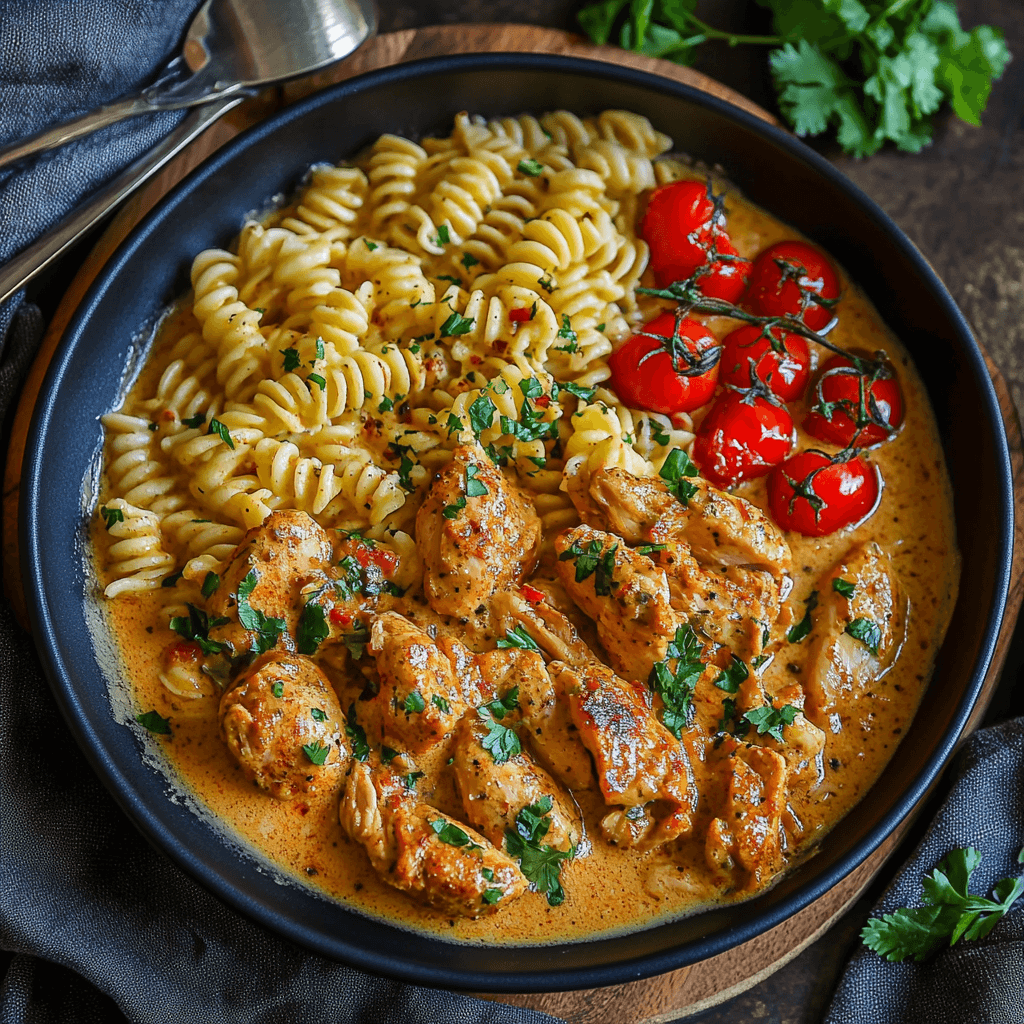 Paprika Sahne Hähnchen – Das beste Rezept mit cremiger Soße und zarter Hähnchenbrust 8 Paprika Sahne Hähnchen mit Kirschtomaten und cremiger Soße auf dunklem Teller