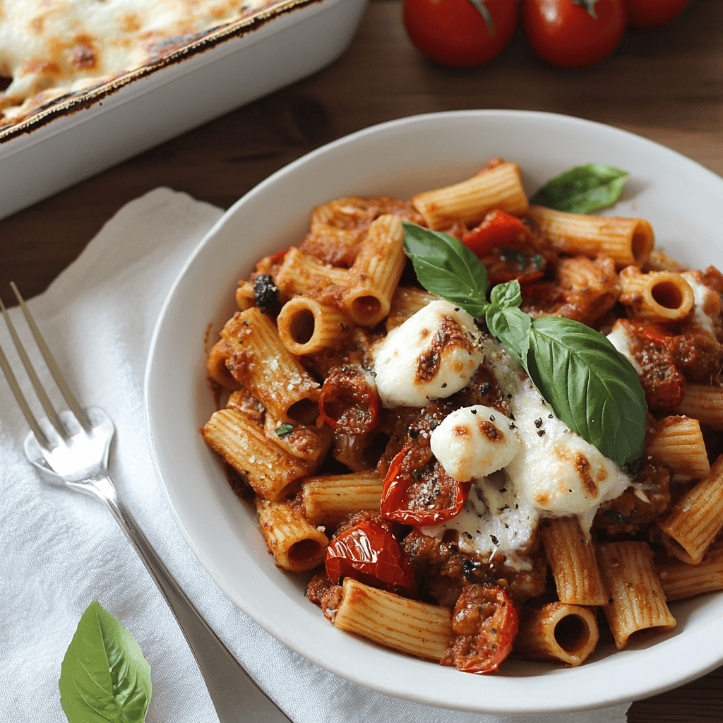 Rigatoni mit Tomatensauce, gebackenen Tomaten, Mozzarella und Basilikum in weißem Teller