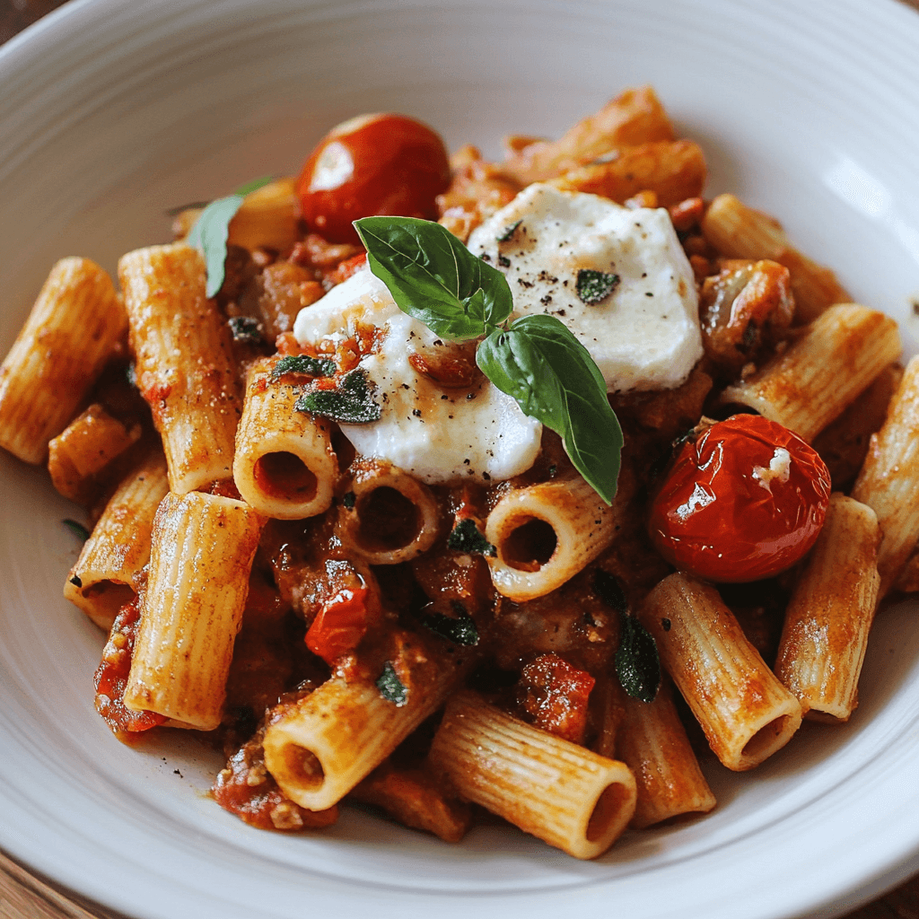 Pasta mit Ofentomaten-Mozzarella-Sauce – Das perfekte mediterrane Wohlfühlgericht 6 Rigatoni mit Mozzarella, Ofentomaten und Basilikum auf weißem Teller angerichtet