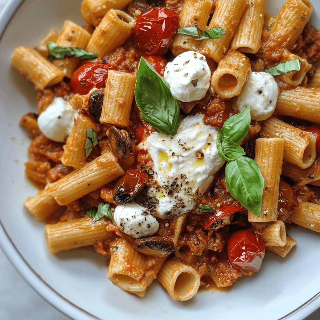 Pasta mit Ofentomaten-Mozzarella-Sauce – Das perfekte mediterrane Wohlfühlgericht 7 Rigatoni mit Mozzarellakugeln, Basilikum und Tomatensauce auf weißem Teller von oben fotografiert