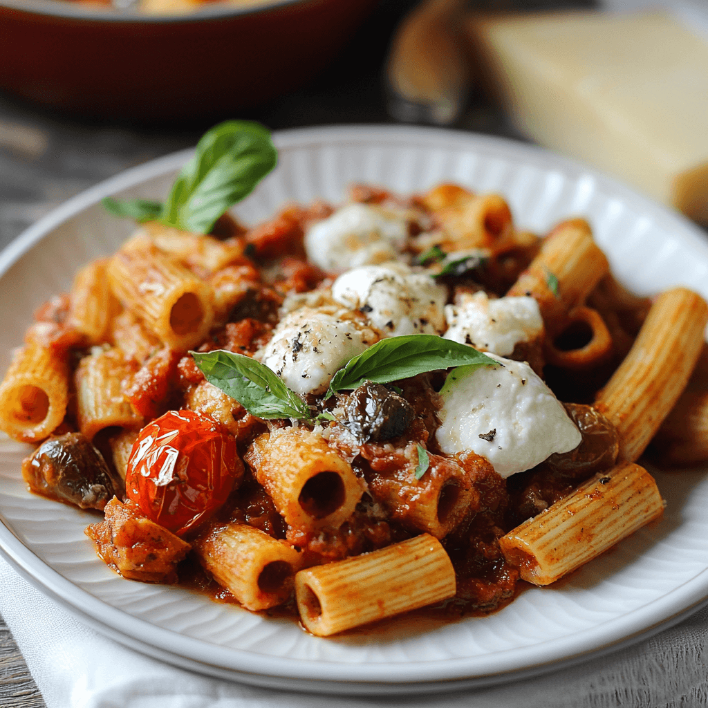 Pasta mit Ofentomaten-Mozzarella-Sauce – Das perfekte mediterrane Wohlfühlgericht 8 Rigatoni mit gebackenen Tomaten, Oliven, Mozzarella und Basilikumblättern auf weißem Teller